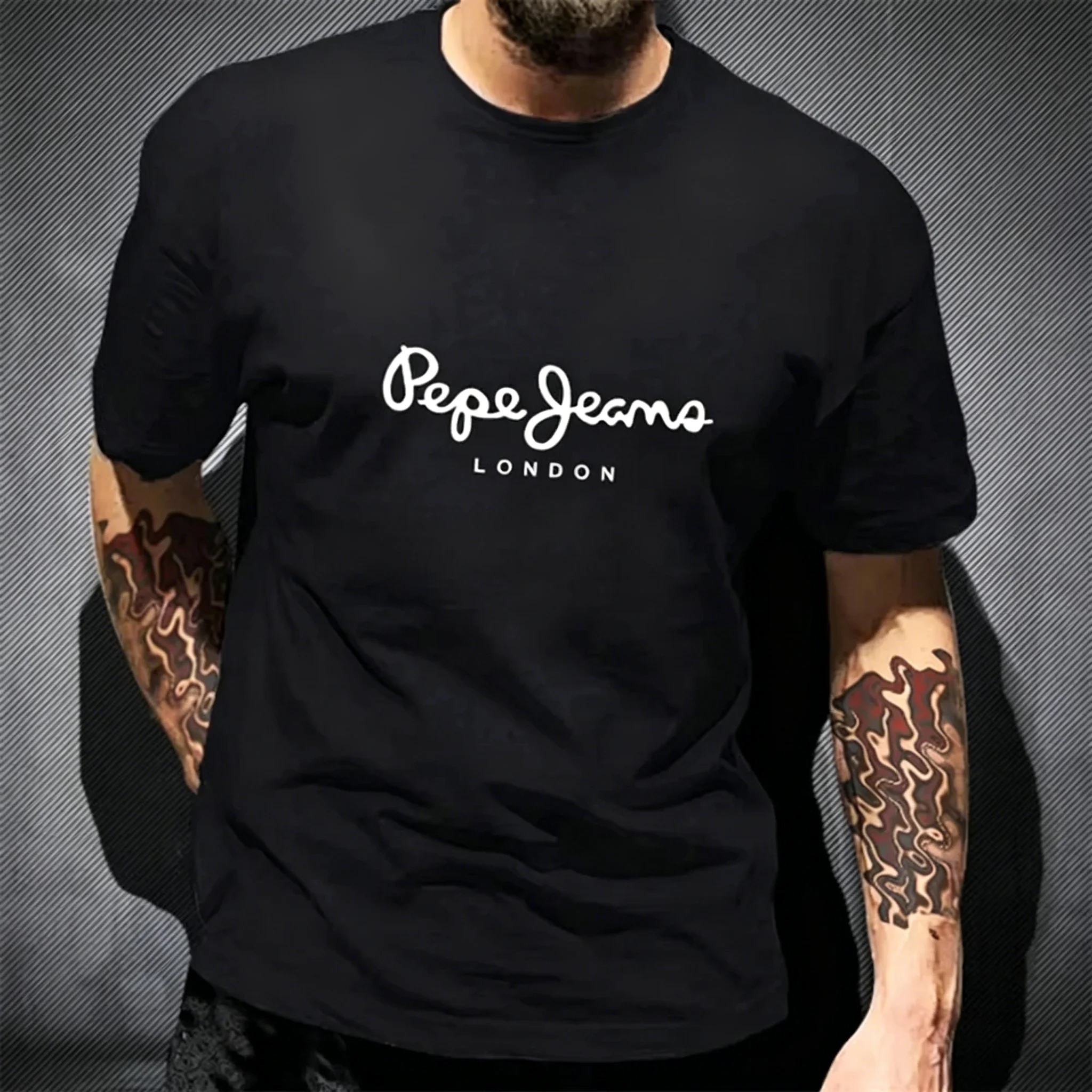 Pepe Jeans London Graphic T-Shirt Men Black Casual Crew Neck Short Sleeve Streetwear Cotton Everyday Top