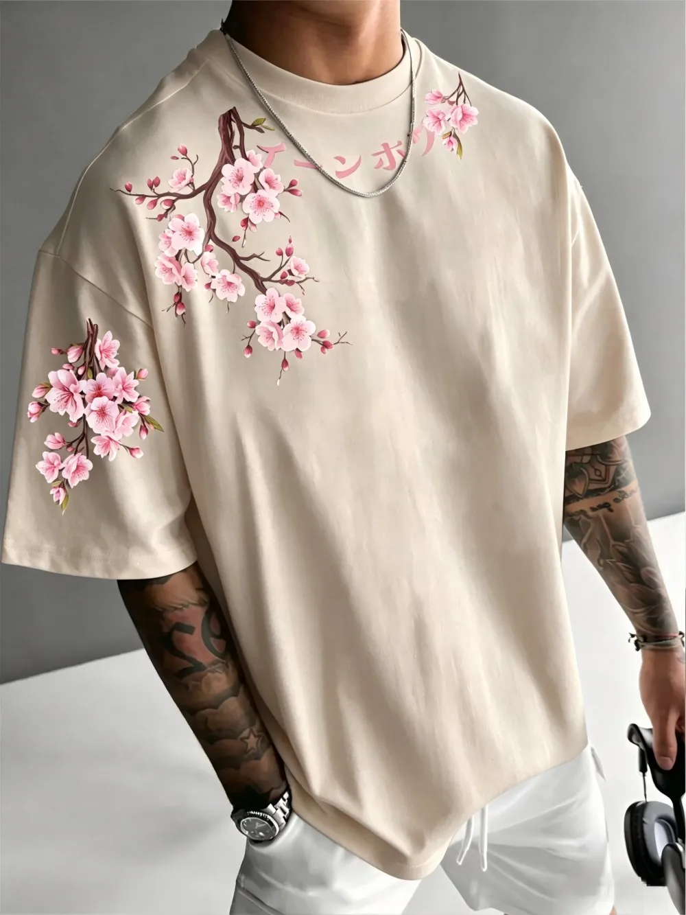 New Men's Summer Personalized Cherry Blossom Branch Letter Print Soft and Breathable Round Neck T-Shirt Outdoor Street Top