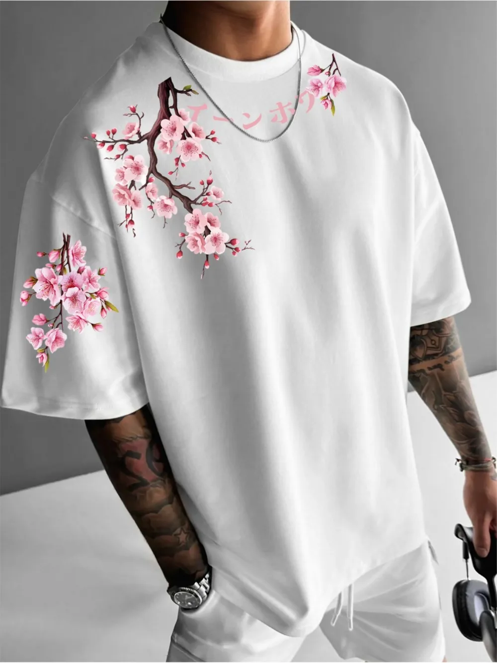 New Men's Summer Personalized Cherry Blossom Branch Letter Print Soft and Breathable Round Neck T-Shirt Outdoor Street Top