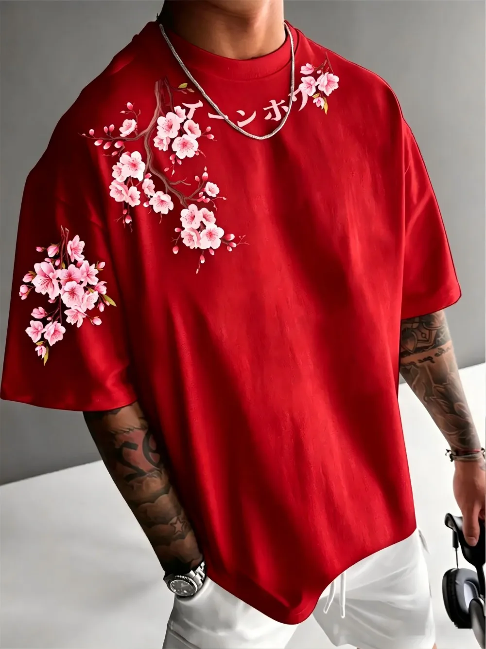 New Men's Summer Personalized Cherry Blossom Branch Letter Print Soft and Breathable Round Neck T-Shirt Outdoor Street Top