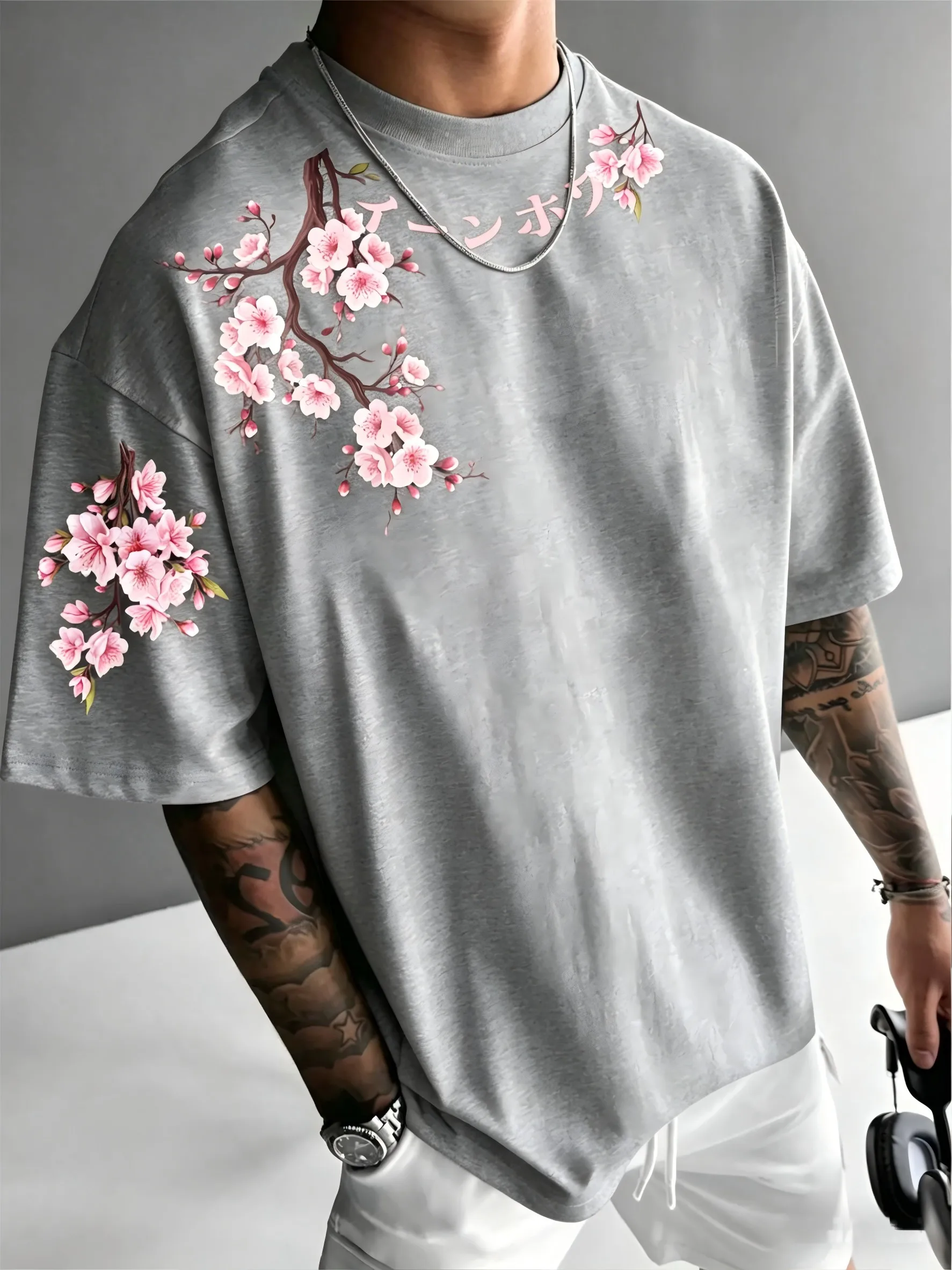 New Men's Summer Personalized Cherry Blossom Branch Letter Print Soft and Breathable Round Neck T-Shirt Outdoor Street Top