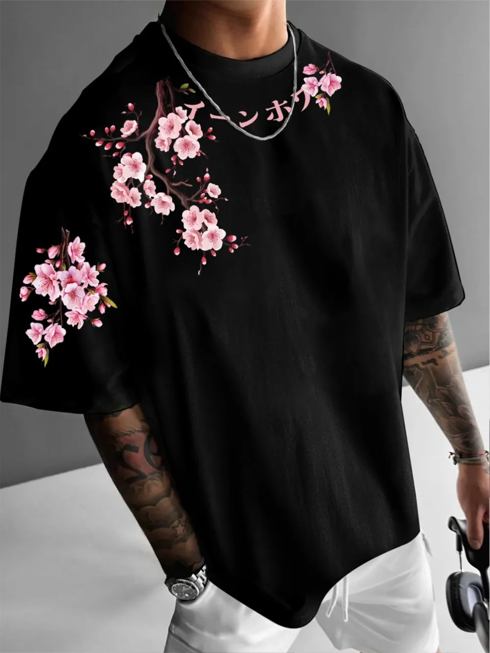 New Men's Summer Personalized Cherry Blossom Branch Letter Print Soft and Breathable Round Neck T-Shirt Outdoor Street Top