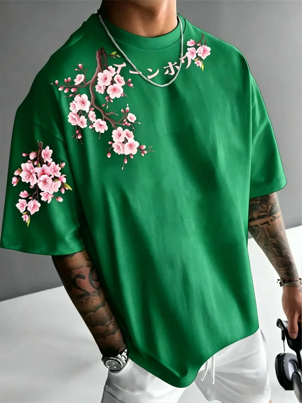 New Men's Summer Personalized Cherry Blossom Branch Letter Print Soft and Breathable Round Neck T-Shirt Outdoor Street Top