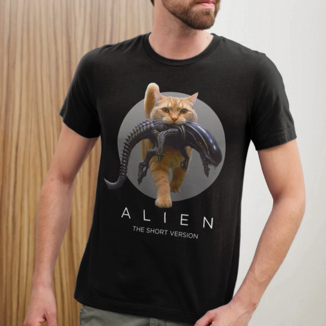 Alien T-shirt for Both Men and Women, Short and Fun Sci-fi Horror Movie, Printed T-shirt for Cat Lovers, Fashionable