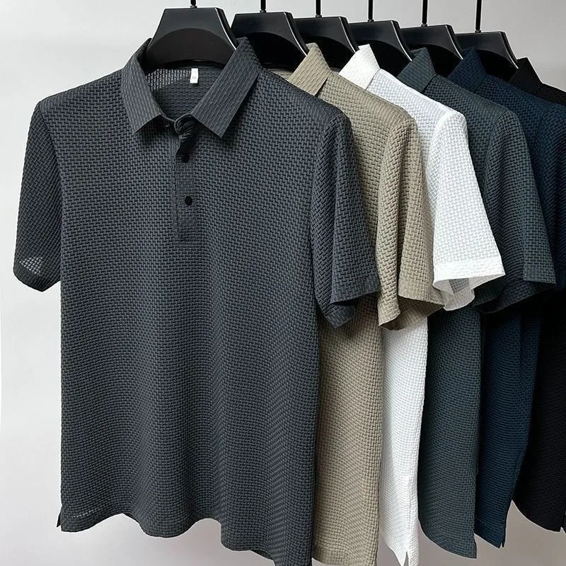 Men's Summer Polo Shirt Short Sleeve New Breathable Mesh Quick Dry T-Shirt Simple Solid-Color Business Casual Shirt Top