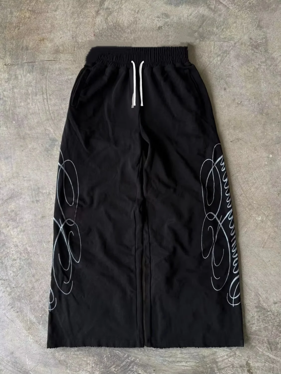 2026 Summer White Loose Wide Leg Sweatpants Abstract Curve Print Elastic Waist Casual Hip Hop Dance Jogger Adults/Kids Pants