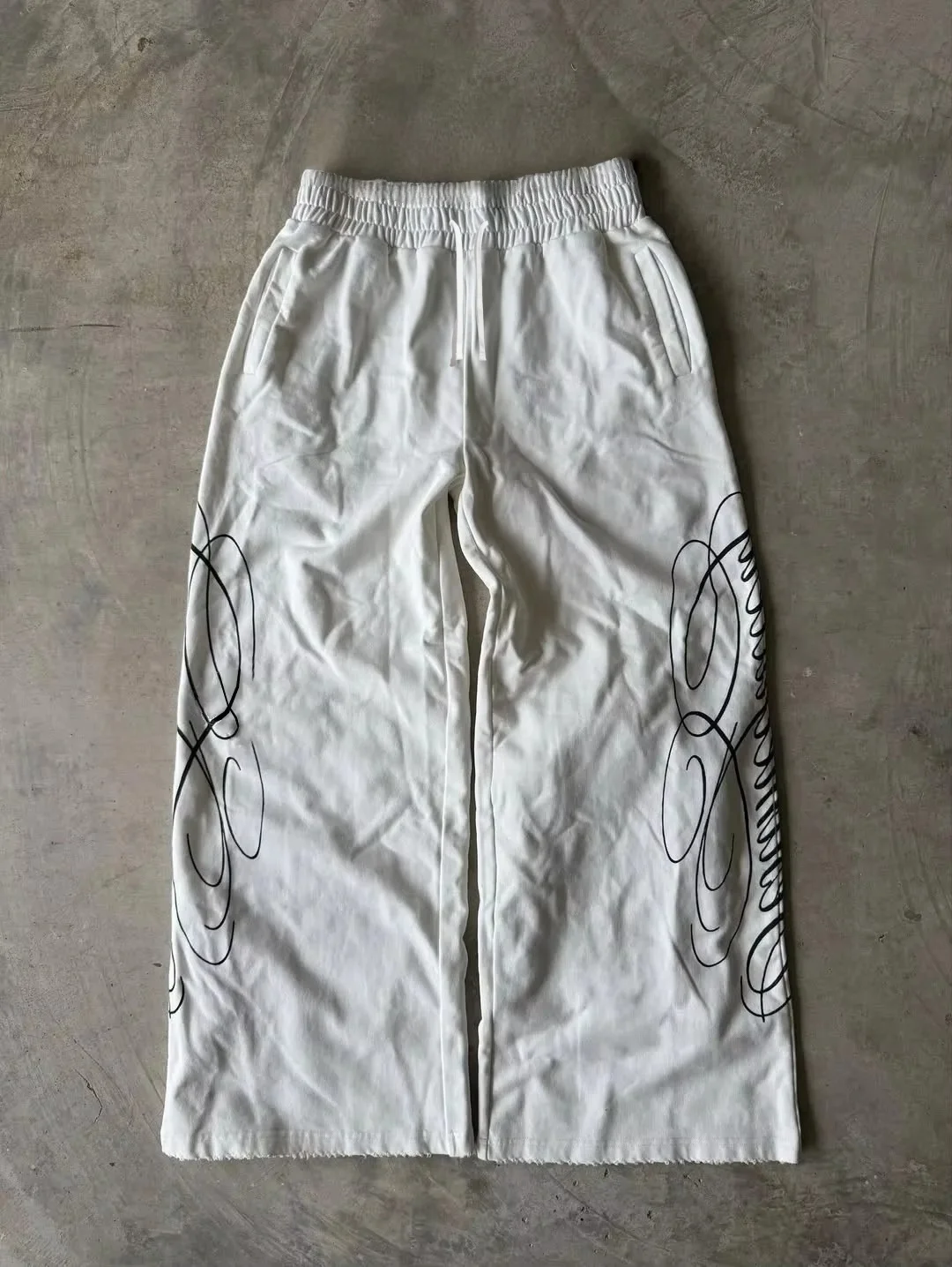 2026 Summer White Loose Wide Leg Sweatpants Abstract Curve Print Elastic Waist Casual Hip Hop Dance Jogger Adults/Kids Pants