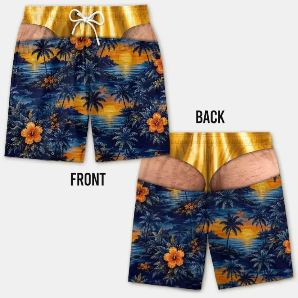 Funny 3D Hairy Butt Print Men’s Beach Shorts Elastic Drawstring Novelty Swim Trunks Quick Dry Pool Party Vacation XXS-6XL