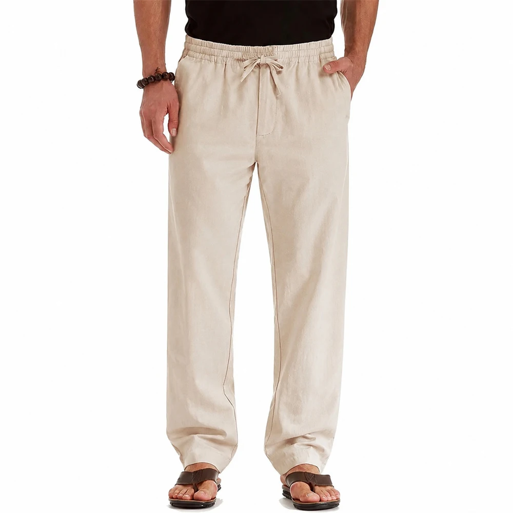Men's Spring Summer New Cotton Linen Long Pants Vacation Hawaii Casual Trouser Straight Leg Lightweight Sweatpants