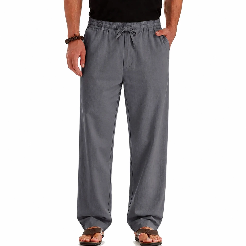 Men's Spring Summer New Cotton Linen Long Pants Vacation Hawaii Casual Trouser Straight Leg Lightweight Sweatpants