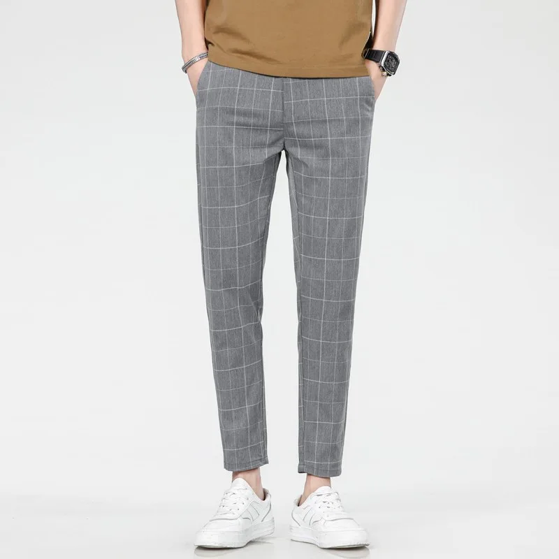 2026 New Men's Spring and Summer Slim Fit Pants Straight Leg Nine Inch Small Leg Trousers Trendy Versatile Checkered Pants