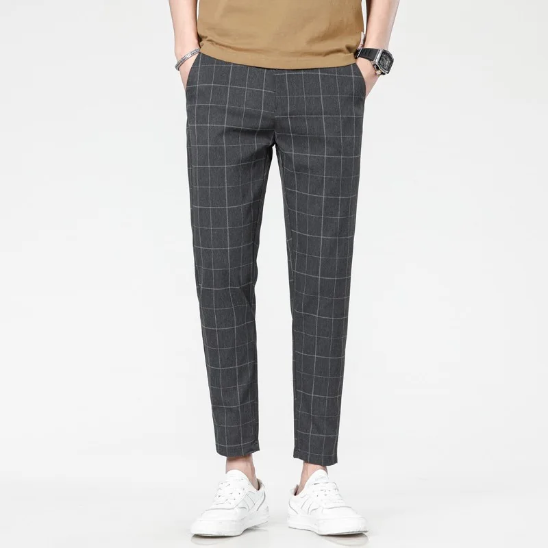 2026 New Men's Spring and Summer Slim Fit Pants Straight Leg Nine Inch Small Leg Trousers Trendy Versatile Checkered Pants