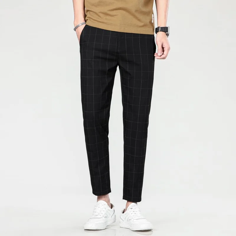 2026 New Men's Spring and Summer Slim Fit Pants Straight Leg Nine Inch Small Leg Trousers Trendy Versatile Checkered Pants