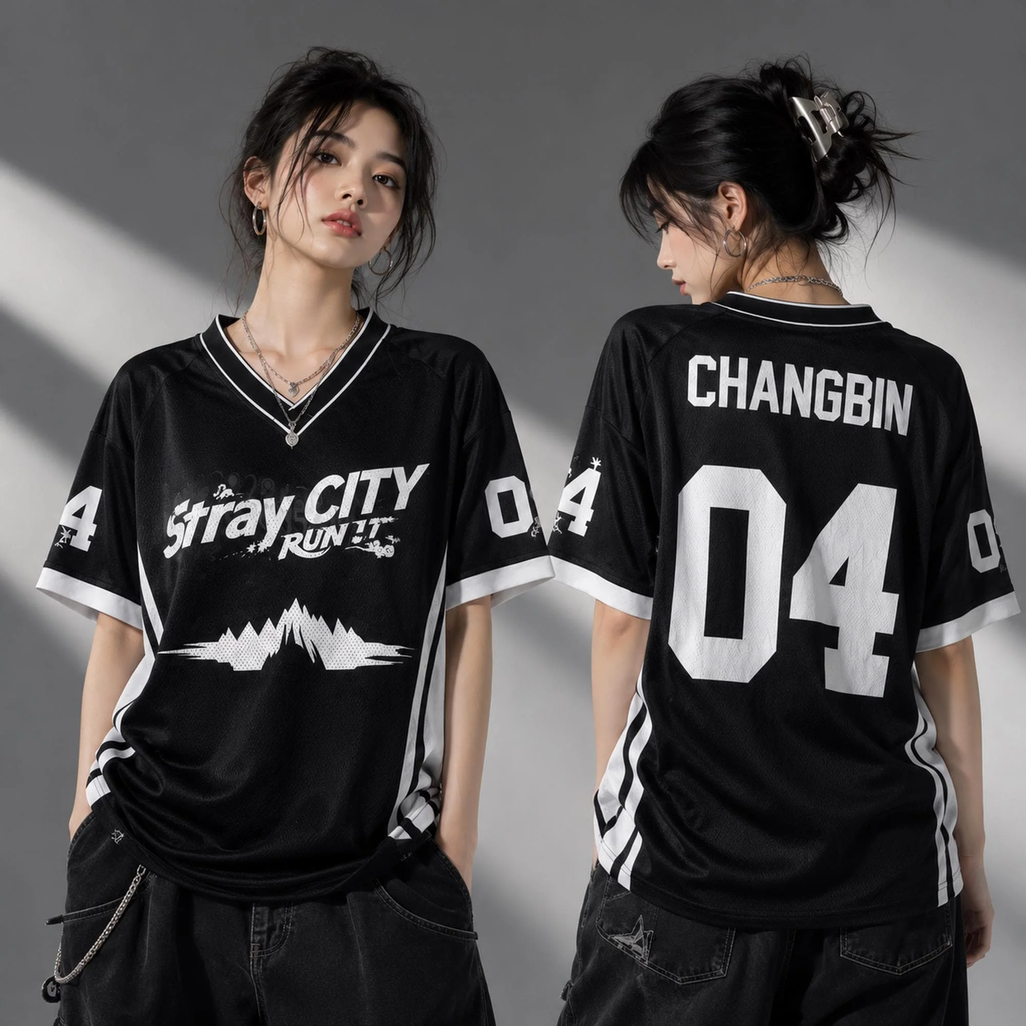 Black White Stray City Bang Chan #03 V-neck Jersey Short Sleeve T-shirt Men Women Kpop Concert Fan Letter Streetwear Sports Tee