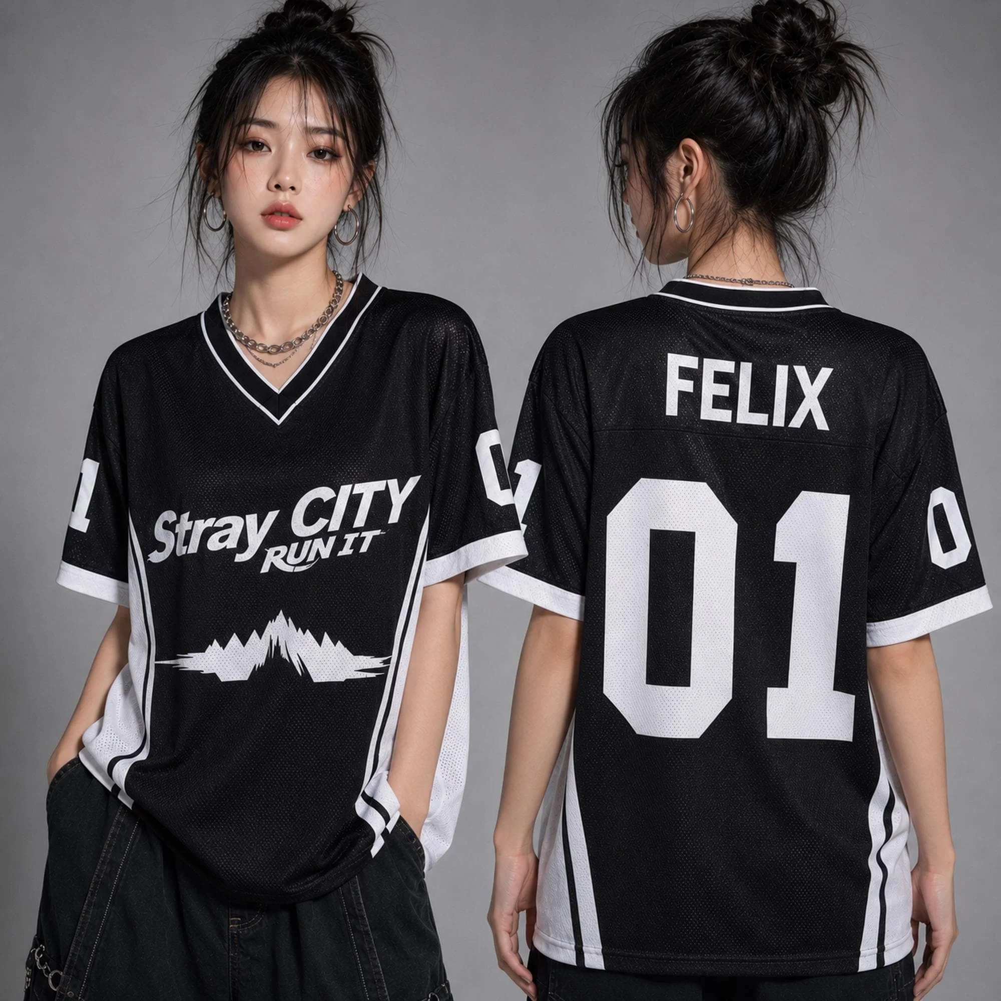 Black White Stray City Bang Chan #03 V-neck Jersey Short Sleeve T-shirt Men Women Kpop Concert Fan Letter Streetwear Sports Tee