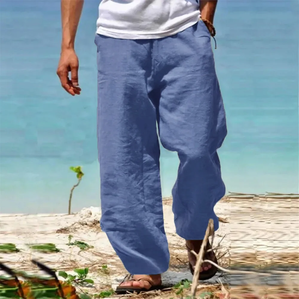 Men's Linen Cotton Pants Straight Leg Breathable Lightweight Beach Style Cozy Trousers Casual Spring Summer Pants