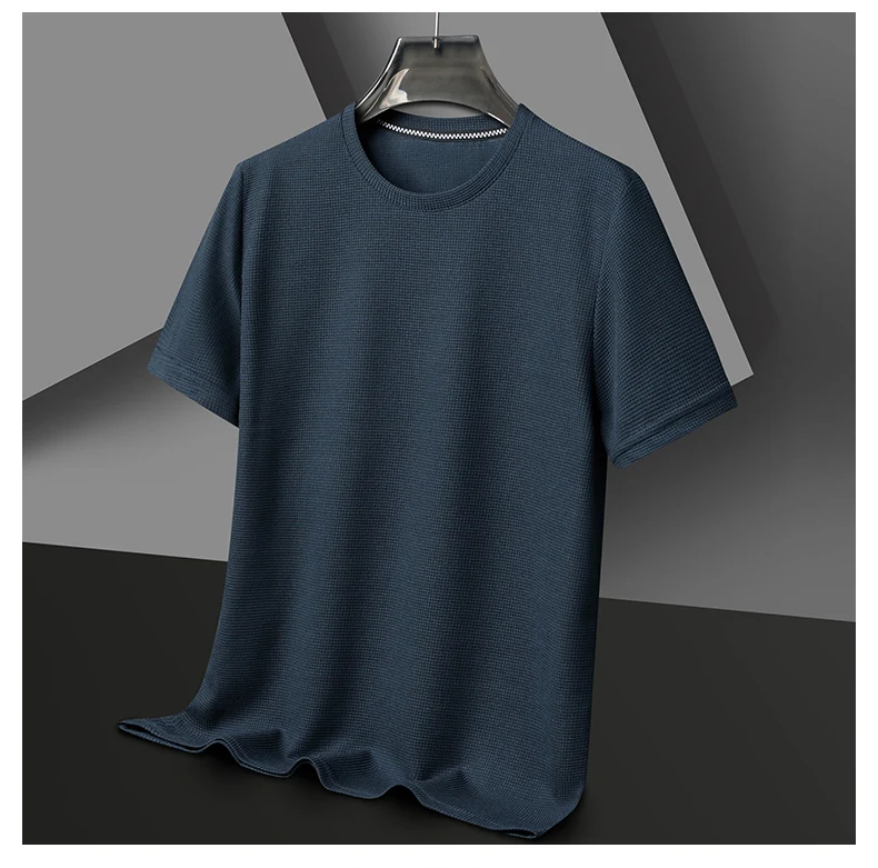 Men's New Summer Waffle round Neck Short Sleeve T-Shirt Comfortable Breathable Short-Sleeved Top for Casual Wear