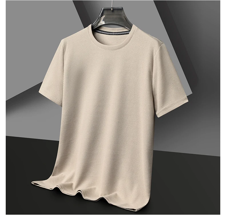 Men's New Summer Waffle round Neck Short Sleeve T-Shirt Comfortable Breathable Short-Sleeved Top for Casual Wear
