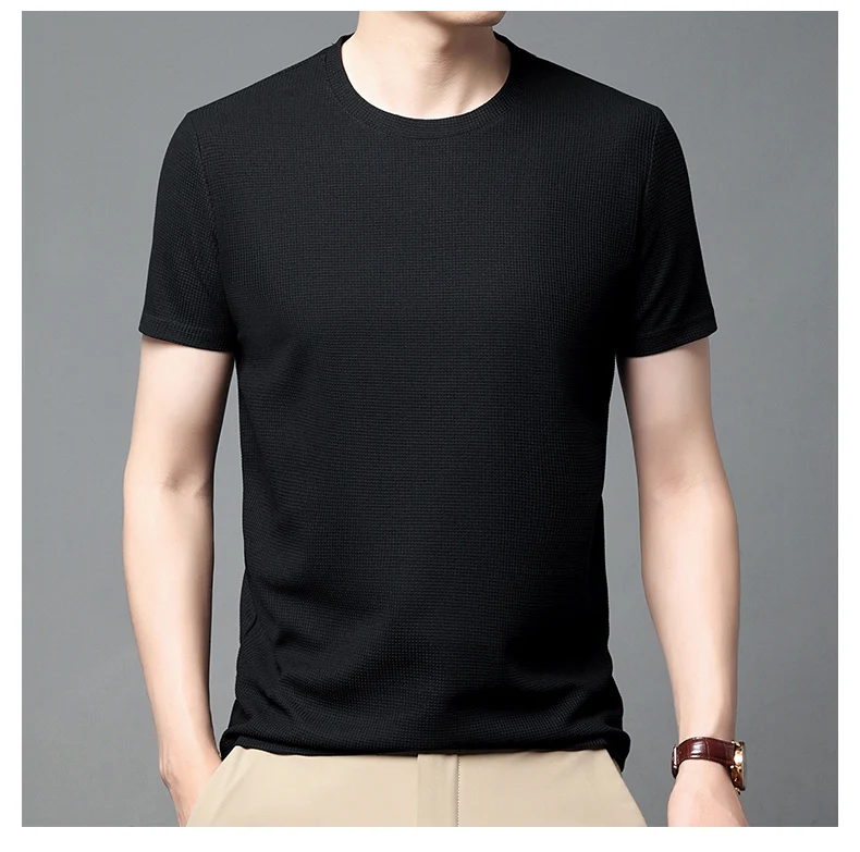 Men's New Summer Waffle round Neck Short Sleeve T-Shirt Comfortable Breathable Short-Sleeved Top for Casual Wear
