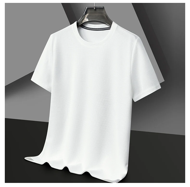Men's New Summer Waffle round Neck Short Sleeve T-Shirt Comfortable Breathable Short-Sleeved Top for Casual Wear