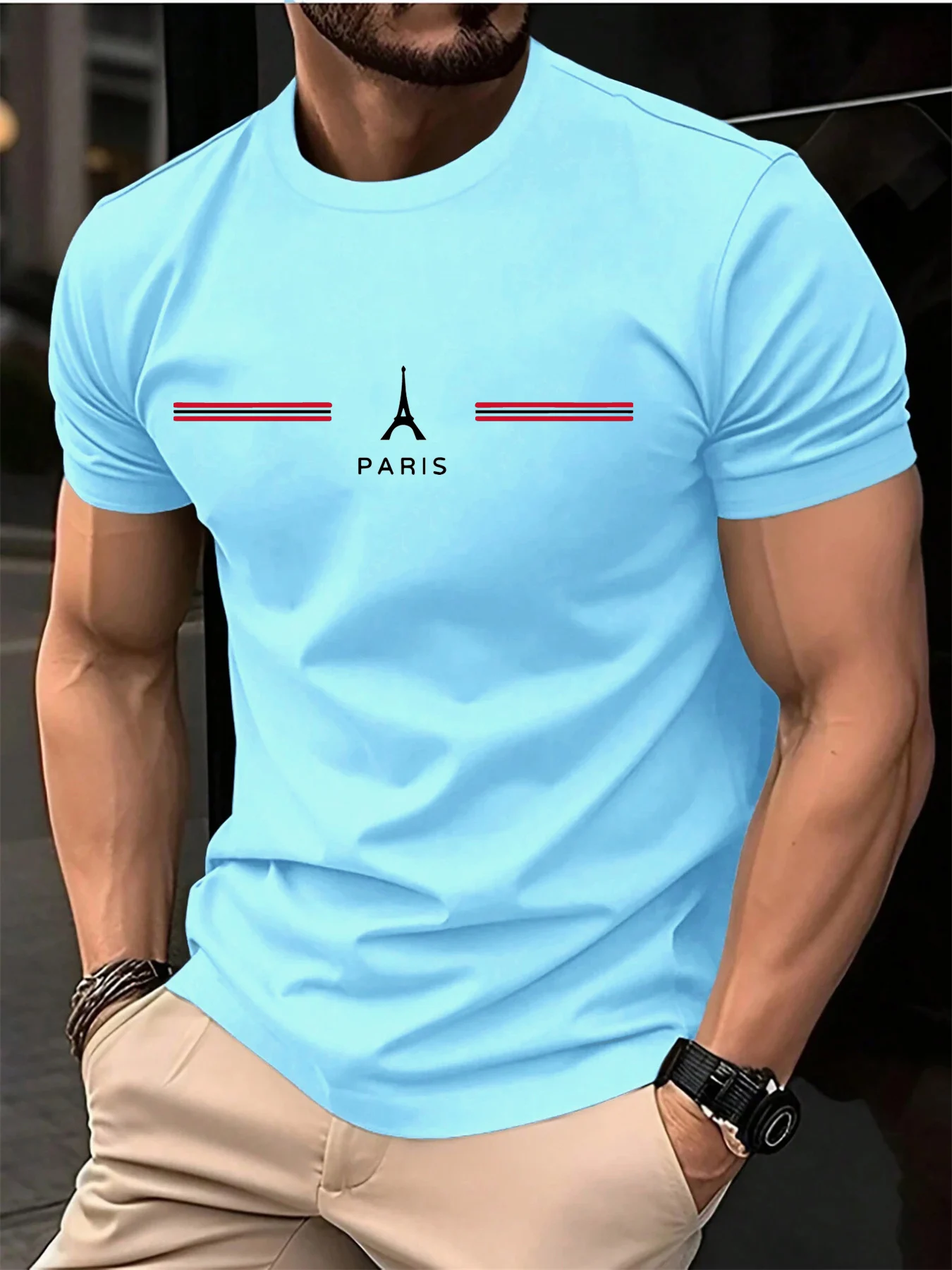 Men's 100% Pure Cotton Summer Loose Oversized Casual Paris Letter Printed Sports Round Neck Short Sleeved T-Shirt Top