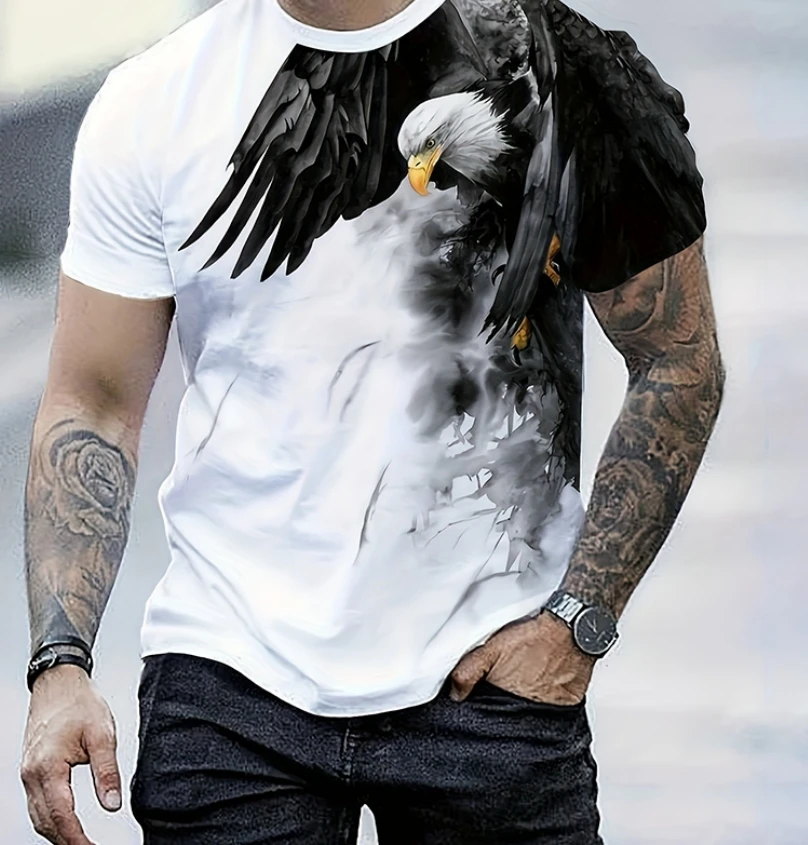Men's Summer Fashion T-shirt Eagle 3D Printed Short sleeved T-shirt Summer Outdoor Leisure Quick drying Breathable T-shirt