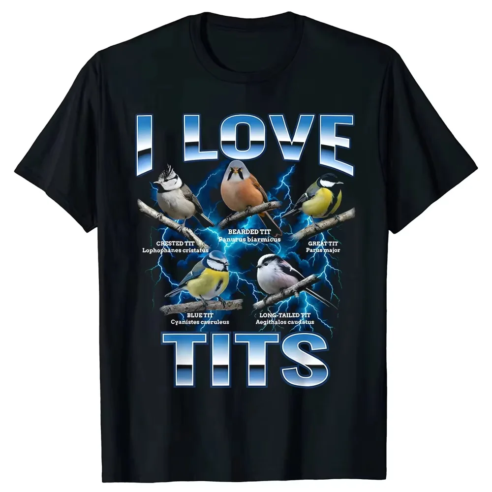 Funny Bird Meme I Love Tits Birdwatching Retro T-shirts Men Print Tshirt Loose Oversized Streetwear Hip Hop Unisex T Shirt