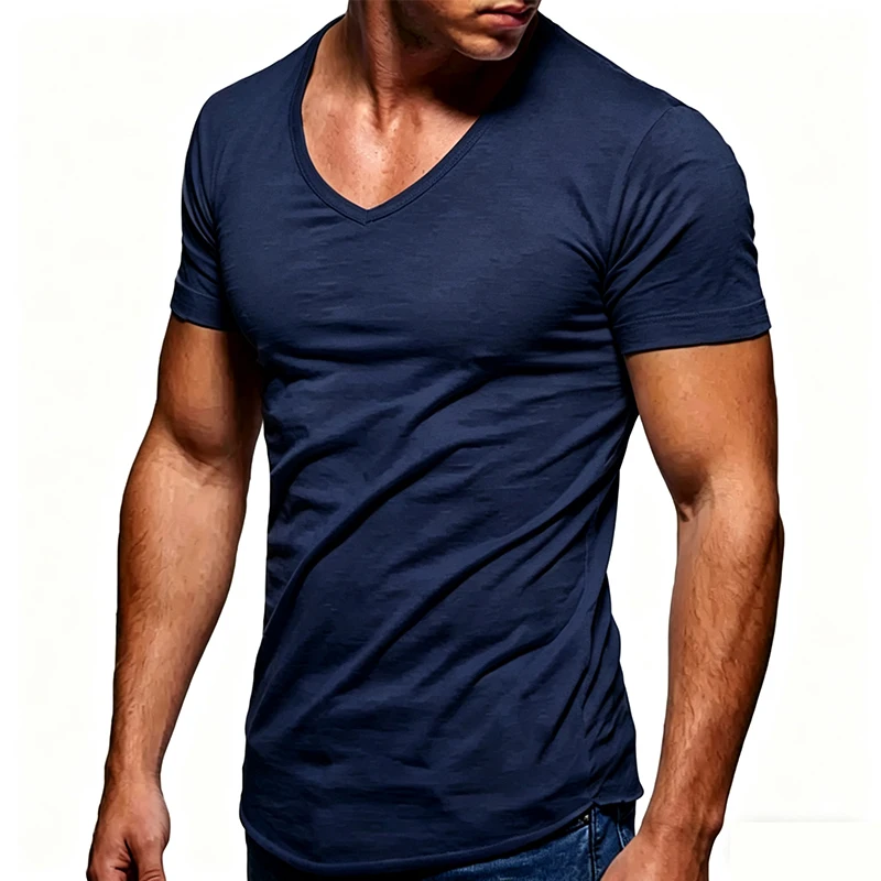 Men 100% Cotton T Shirt Casual Soft Fitness Tops Summer Thin Tee Home Clothing V-Neck Short Sleeve Black White T-Shirt for Men