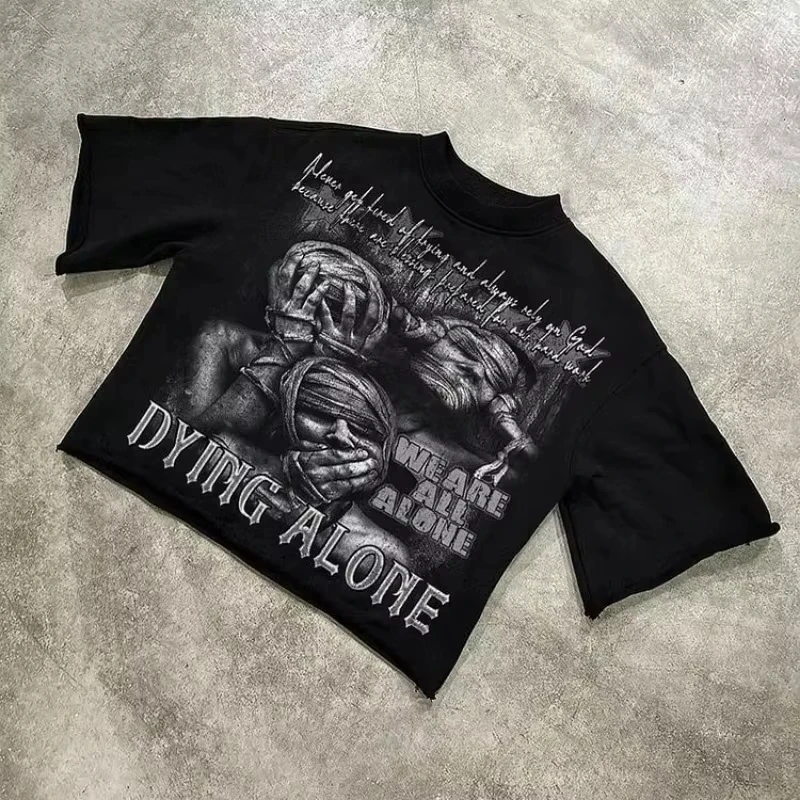 We Are All Alone Abstract Human Face Graphics Printed Cotton T-Shirt Men Y2K Short Sleeves Oversize vintage t shirt