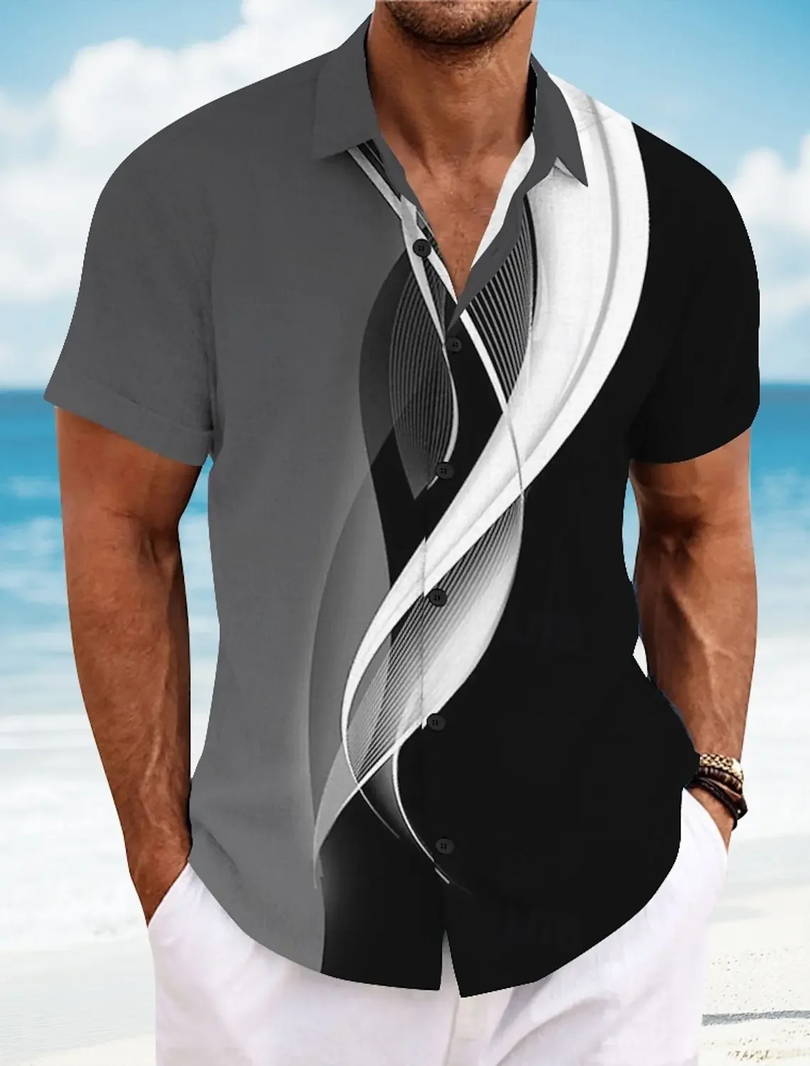 2025 Summer Men's Geometric Line Abstract Art Shirts Short Sleeve Tops Casual Shirts Turndown Casual Shirt Button Up Shirts
