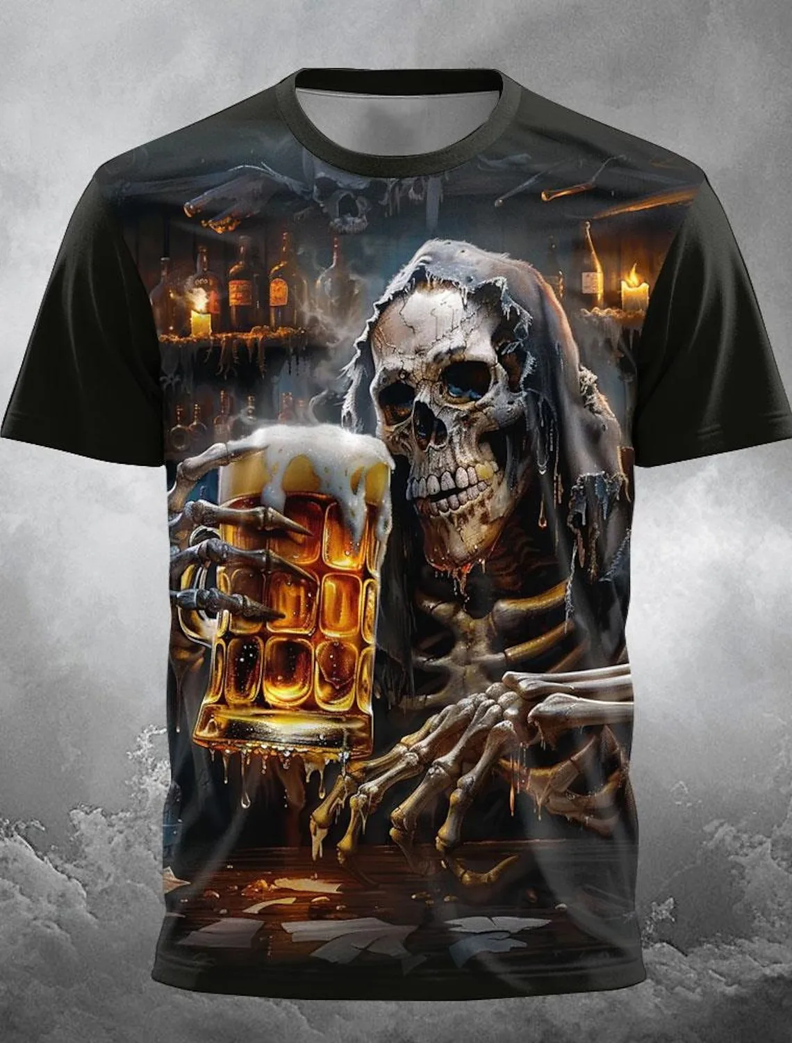 Hot Selling European and American Men's Summer Personalized Skull Print Halloween Breathable Round Neck T-Shirt Outdoor Party To