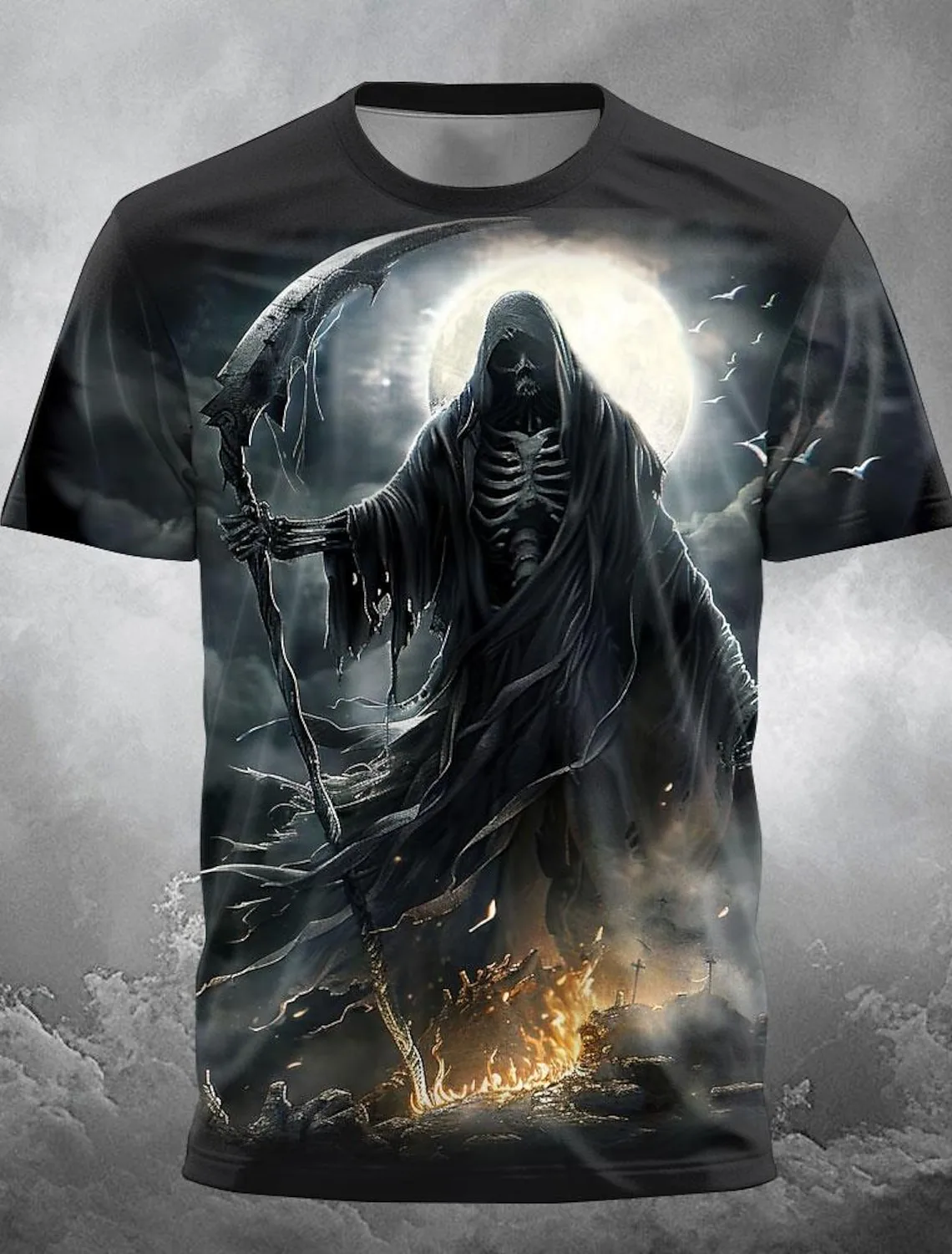 Hot Selling European and American Men's Summer Personalized Skull Print Halloween Breathable Round Neck T-Shirt Outdoor Party To