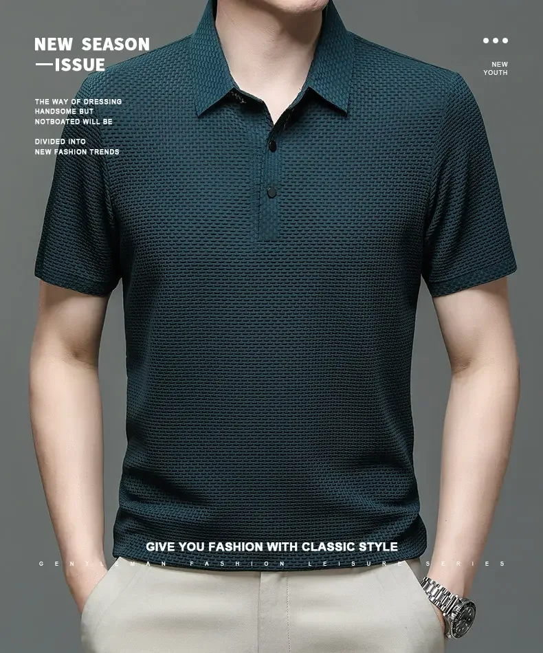 Summer New Men's Lop-up Hollow Short-sleeved Polo Shirt Ice Silk Brand Clothes Breathable Business Fashion T-Shirt Male Upto 6XL