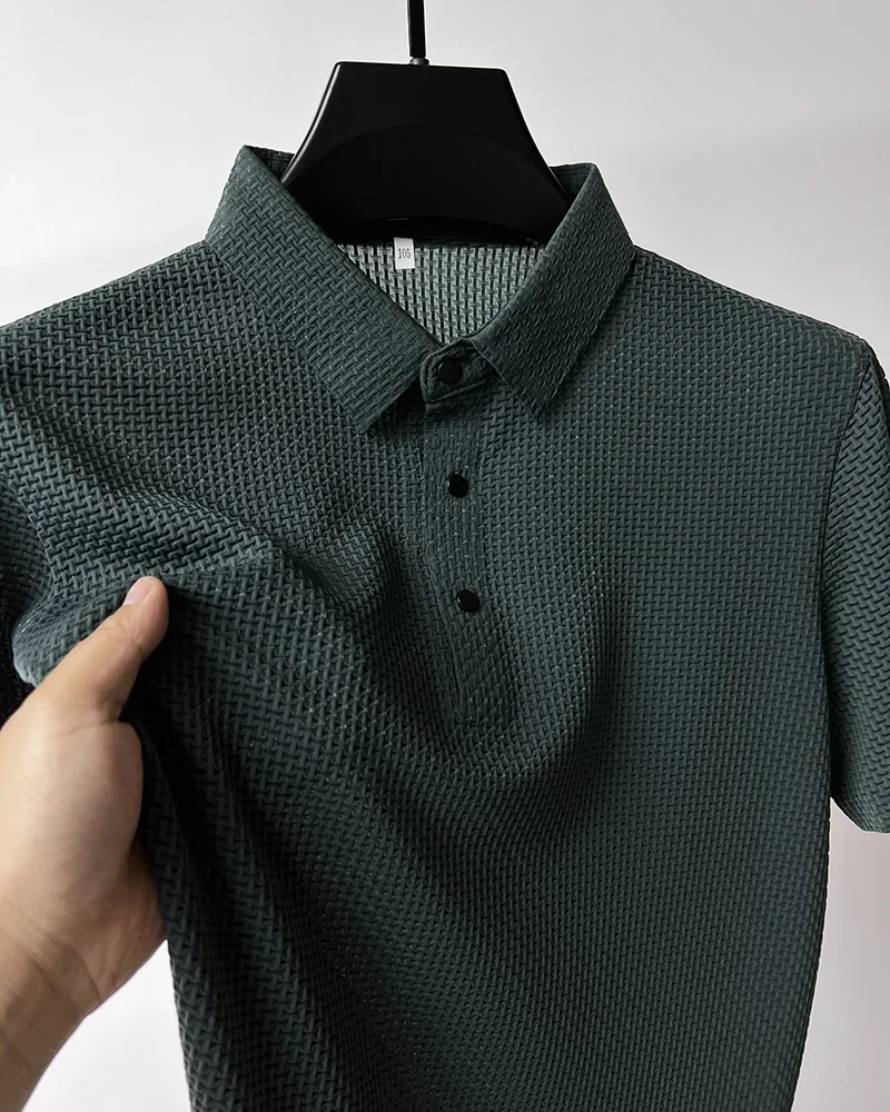 Summer New Men's Lop-up Hollow Short-sleeved Polo Shirt Ice Silk Brand Clothes Breathable Business Fashion T-Shirt Male Upto 6XL