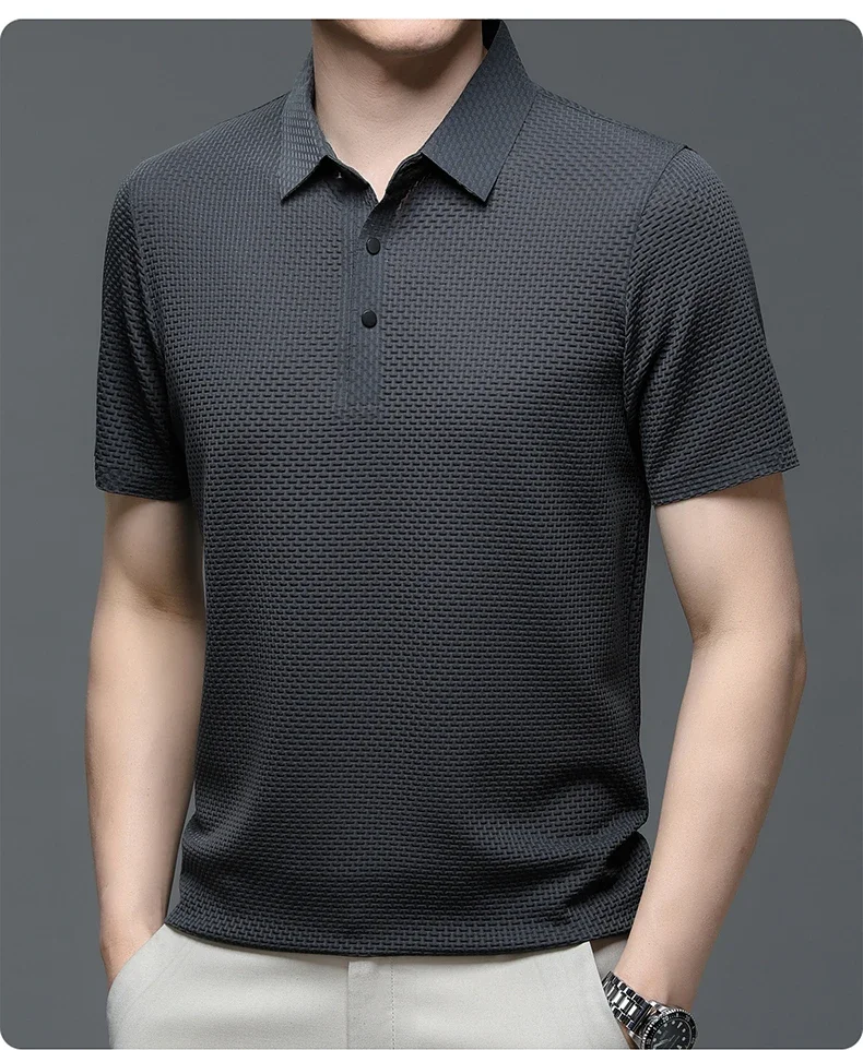 Summer New Men's Lop-up Hollow Short-sleeved Polo Shirt Ice Silk Brand Clothes Breathable Business Fashion T-Shirt Male Upto 6XL
