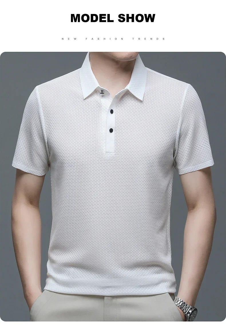 Summer New Men's Lop-up Hollow Short-sleeved Polo Shirt Ice Silk Brand Clothes Breathable Business Fashion T-Shirt Male Upto 6XL