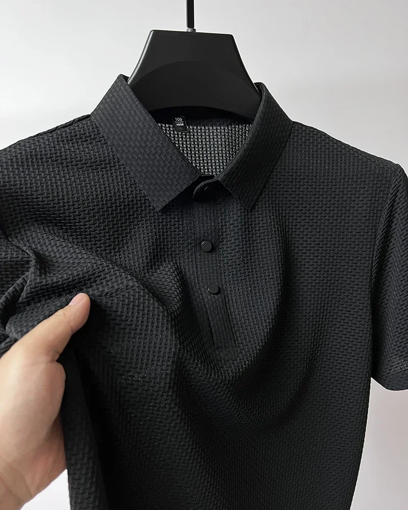 Summer New Men's Lop-up Hollow Short-sleeved Polo Shirt Ice Silk Brand Clothes Breathable Business Fashion T-Shirt Male Upto 6XL