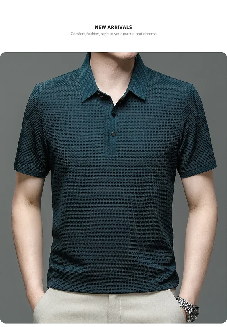 Summer New Men's Lop-up Hollow Short-sleeved Polo Shirt Ice Silk Brand Clothes Breathable Business Fashion T-Shirt Male Upto 6XL