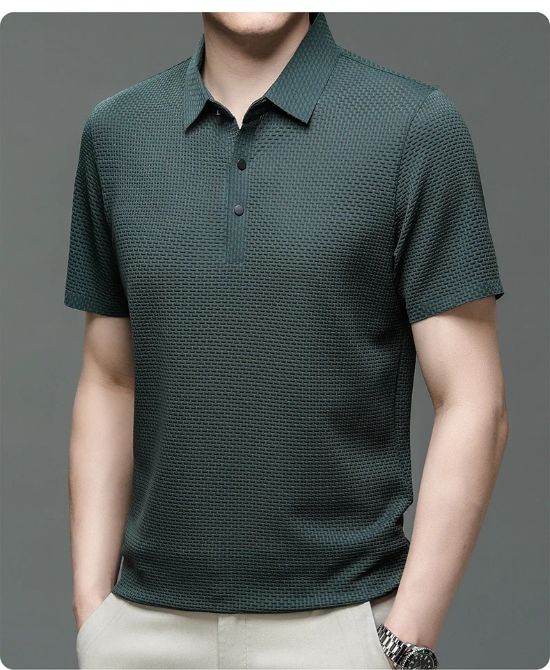 Summer New Men's Lop-up Hollow Short-sleeved Polo Shirt Ice Silk Brand Clothes Breathable Business Fashion T-Shirt Male Upto 6XL