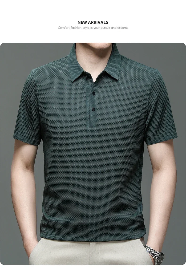 Summer New Men's Lop-up Hollow Short-sleeved Polo Shirt Ice Silk Brand Clothes Breathable Business Fashion T-Shirt Male Upto 6XL