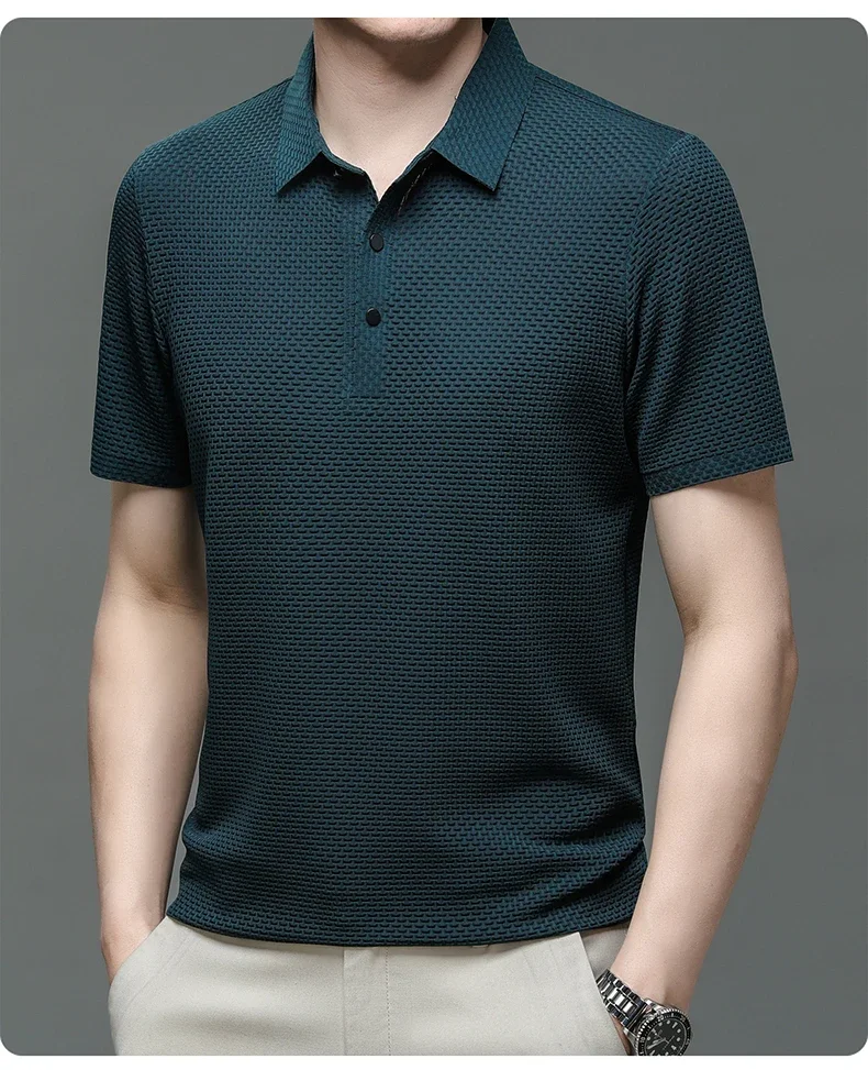 Summer New Men's Lop-up Hollow Short-sleeved Polo Shirt Ice Silk Brand Clothes Breathable Business Fashion T-Shirt Male Upto 6XL