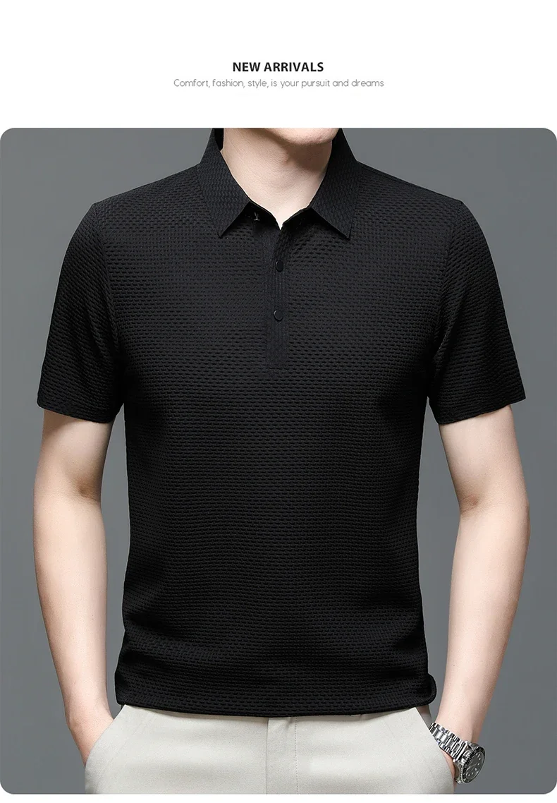 Summer New Men's Lop-up Hollow Short-sleeved Polo Shirt Ice Silk Brand Clothes Breathable Business Fashion T-Shirt Male Upto 6XL