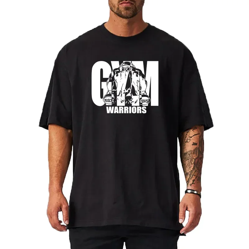 Summer oversized men's cotton shoulder relaxation and descent fitness summer fitness sports bodybuilding short-sleeved T-shirt