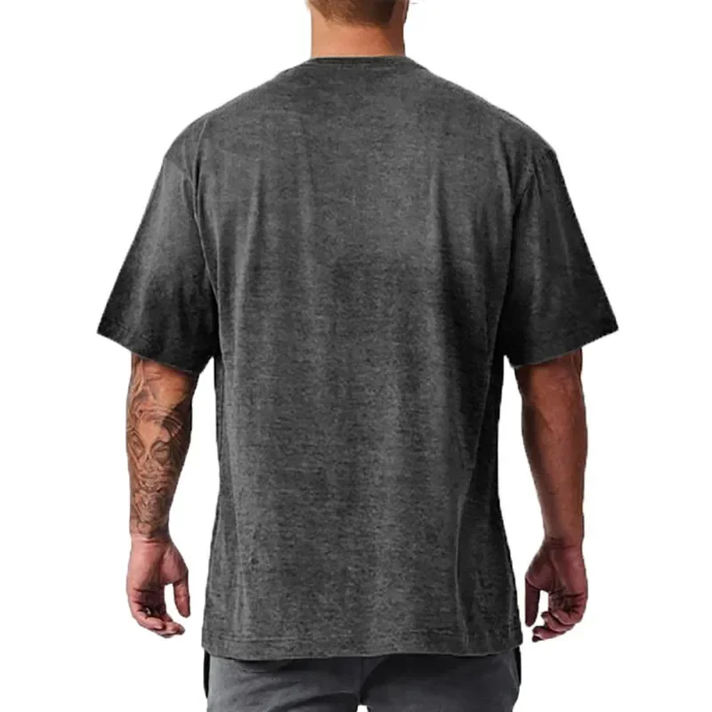 Summer oversized men's cotton shoulder relaxation and descent fitness summer fitness sports bodybuilding short-sleeved T-shirt