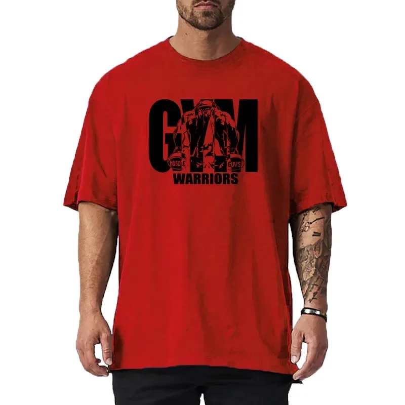 Summer oversized men's cotton shoulder relaxation and descent fitness summer fitness sports bodybuilding short-sleeved T-shirt