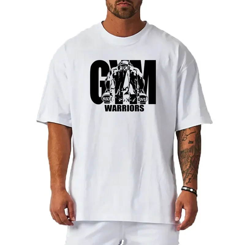 Summer oversized men's cotton shoulder relaxation and descent fitness summer fitness sports bodybuilding short-sleeved T-shirt