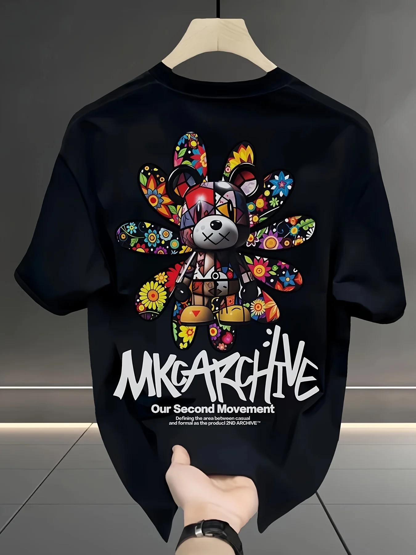 Colorful Sunflower Bear Graffiti Graphic Tee with Bold Lettering 100% Cotton Men's T-shirt Summer Vibrant Casual Statement Top
