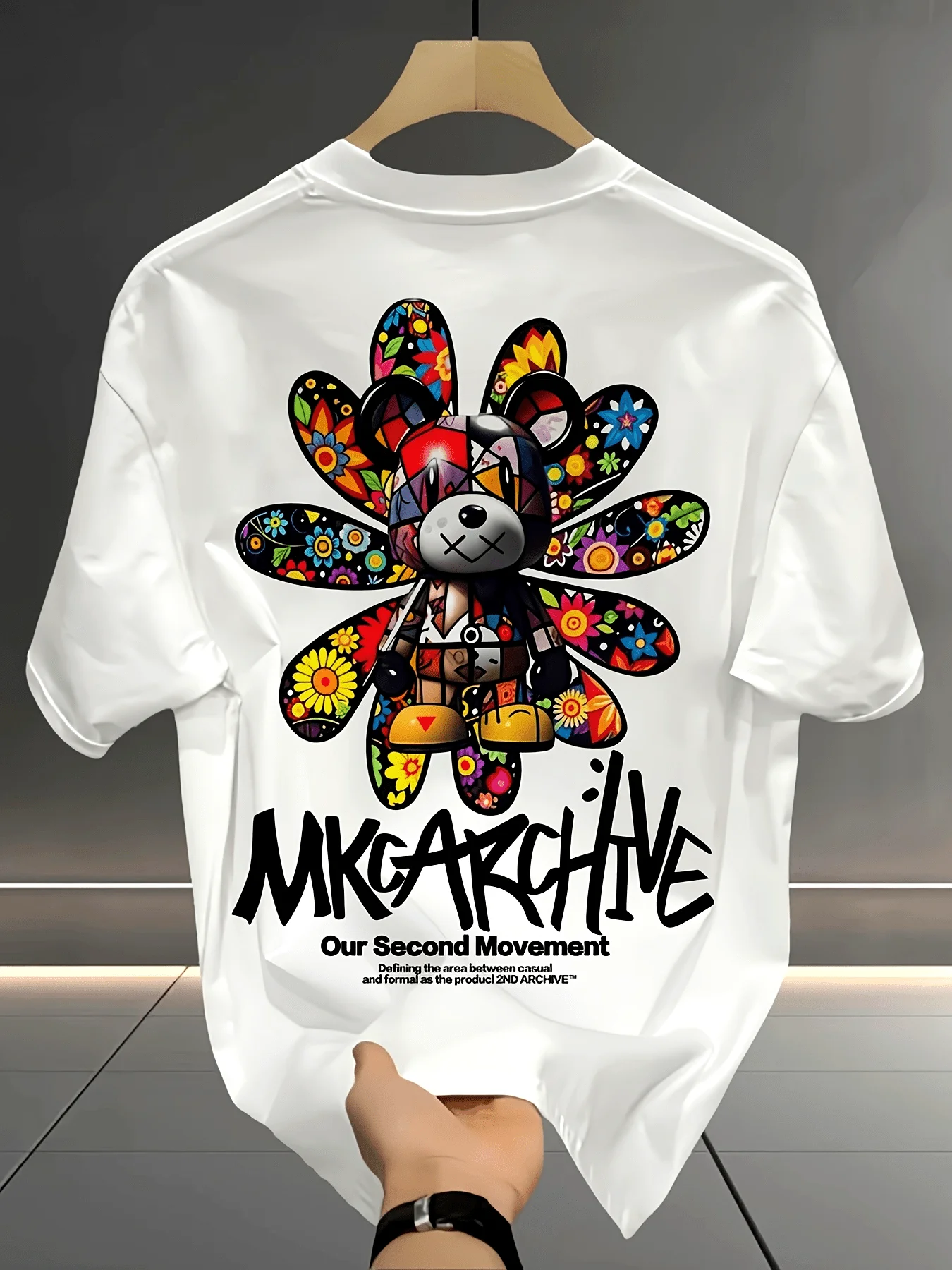 Colorful Sunflower Bear Graffiti Graphic Tee with Bold Lettering 100% Cotton Men's T-shirt Summer Vibrant Casual Statement Top