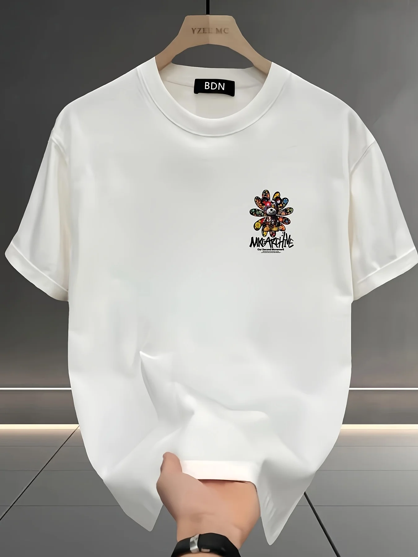 Colorful Sunflower Bear Graffiti Graphic Tee with Bold Lettering 100% Cotton Men's T-shirt Summer Vibrant Casual Statement Top