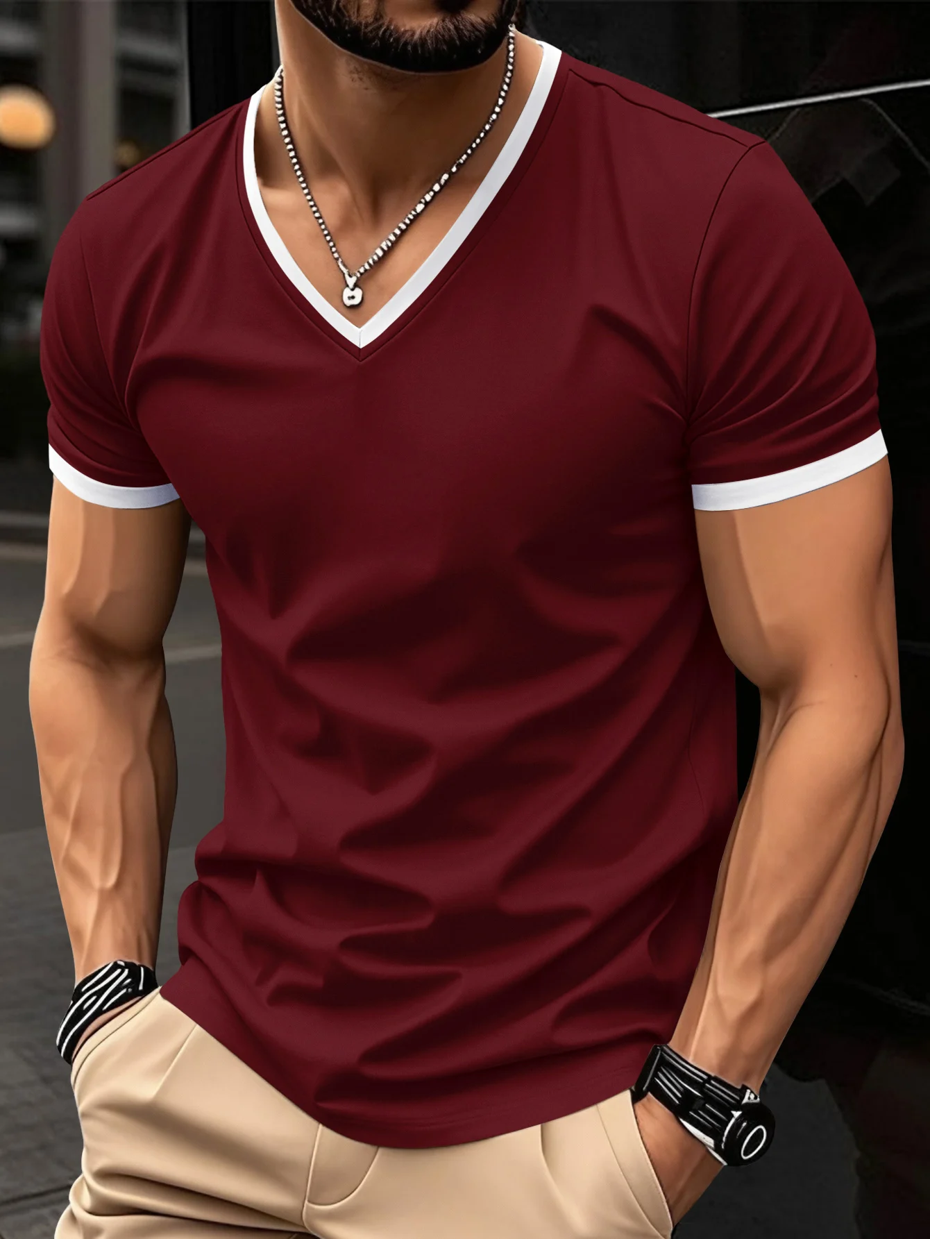 New Summer Casual Vacation-Style Men's V-Neck Short-SleeveTop, Stylish, Refreshing, Comfortable And Breathable For Summer